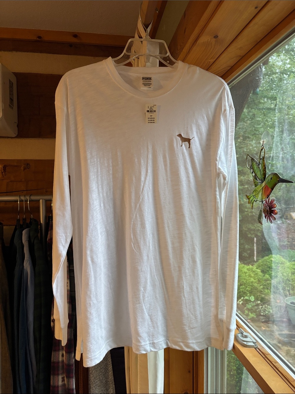 PINK Victoria's Secret White Long-Sleeve Crew with Small Dog Embroidery